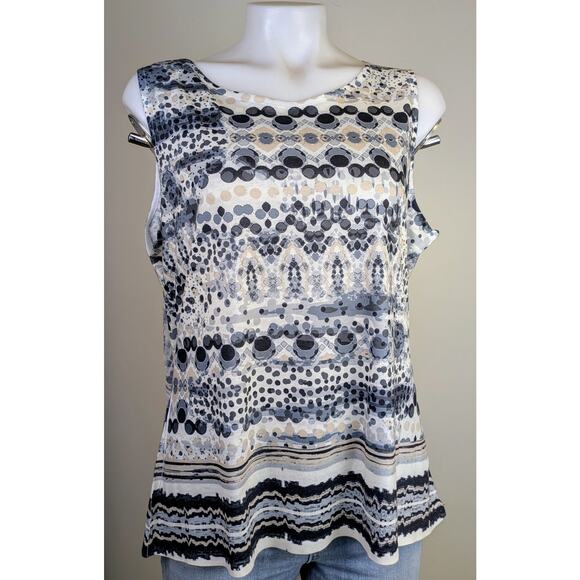 One World Top Blouse XL Gray Mixed Print Sheer Layered Scarf Flutter Sleeve - Picture 7 of 12